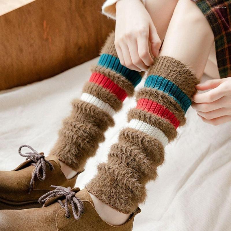 

Women Socks Girl Plush Stripe Arm Winter College Style Long Cover Wool Boots Warm Glove, Khaki