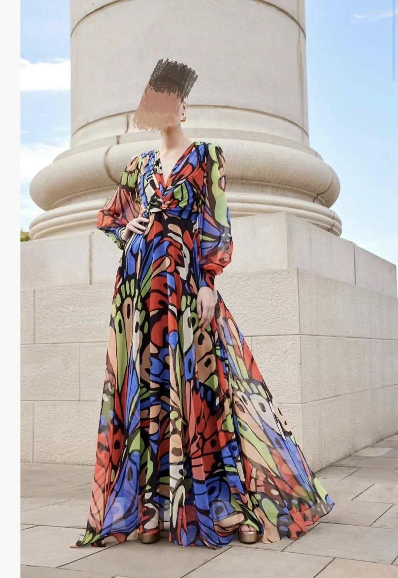 

Casual Dresses 2023 Spring Summer Women Colorful Long Lantern Sleeve V-neck Chiffon Draped Holiday Beach Dress, Picture shown