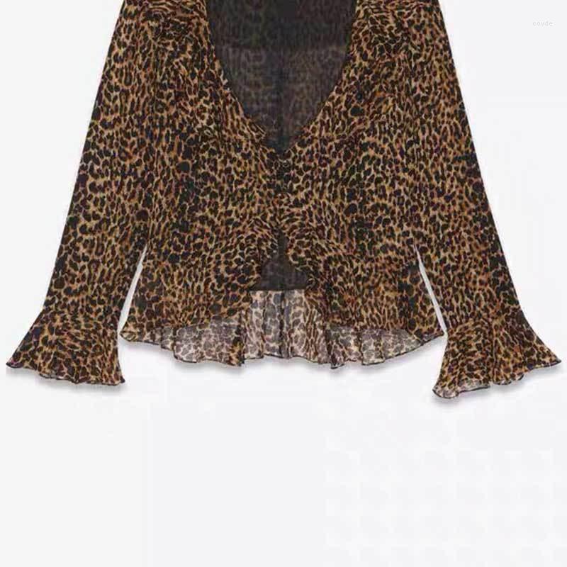 

Women's Blouses 23Simple Leopard Print Shirt Fashion Deep Single Breasted V-Neck Silk Ruffled Blouse Sexy Versatile Women Long Sleeve