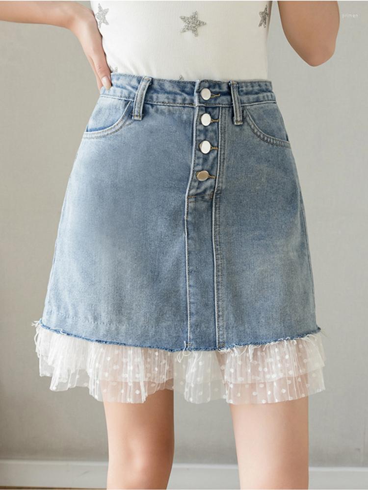 

Skirts Summer Sexy Women Empire Slim Denim Skirt Casual Lady Lace Mesh Patchwork Female Bodycon Mini, Blue