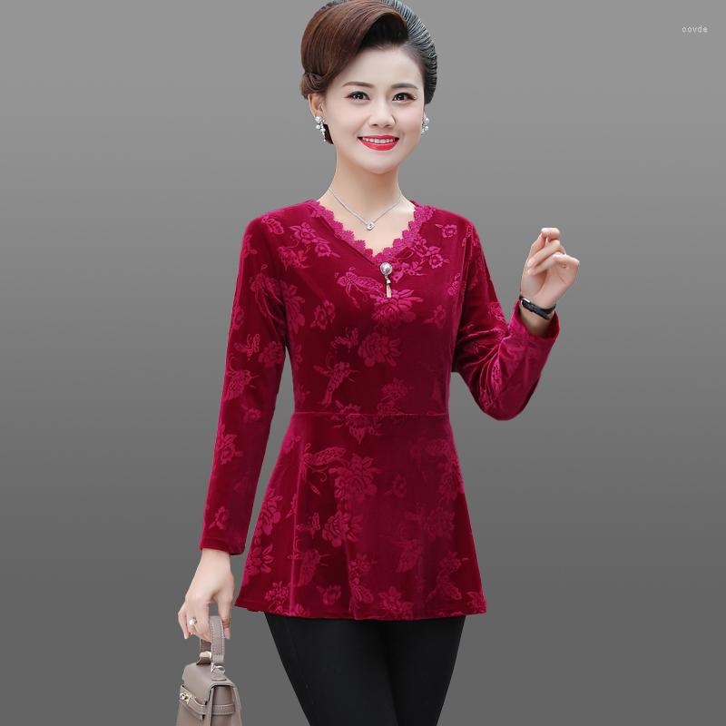 

Women's T Shirts 2023 Spring And Autumn Women's V-neck Long Sleeve T-Shirt Golden Velvet Lace Tee Tops Middle-Aged Mother Shirt Pullover
