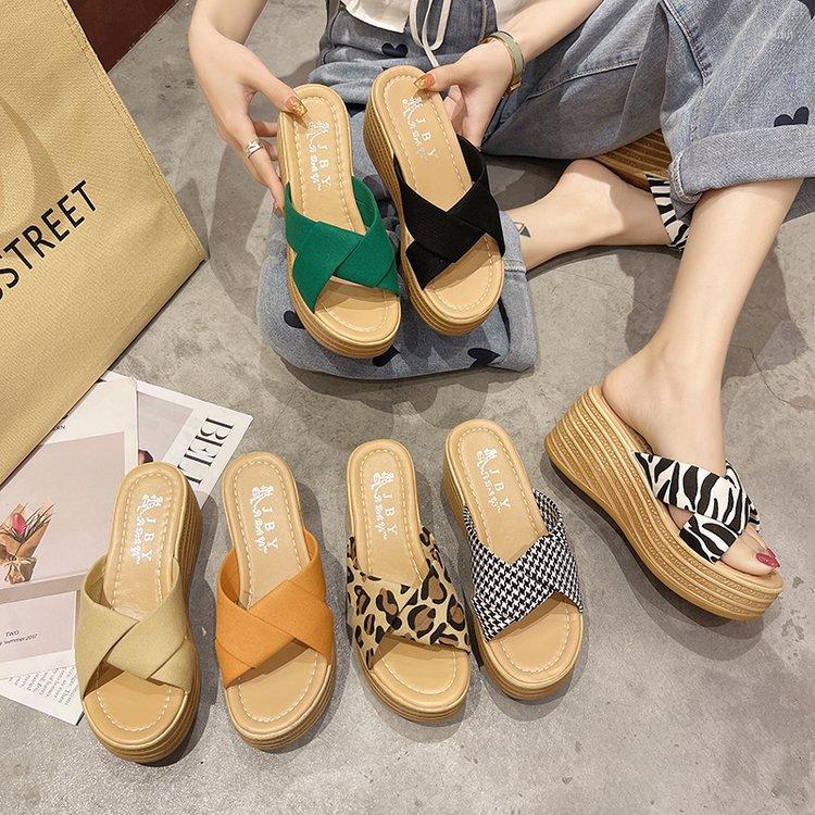 

Slippers Wearing Slope Heel For Women's Shoes 2023 Summer Korean Leopard Pattern Muffin Slip On Thick Soled Beach Sandals, Orange