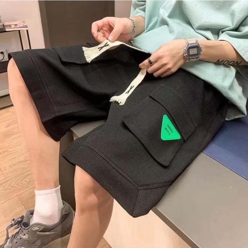 

Men's Shorts Men Cargo Solid Color Elastic Waist Drawstring Summer Loose Wide Leg Deep Crotch Sports Men's Clothing, Black