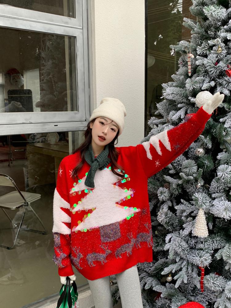 

Women's Sweaters 2023 Year's Christmas Tree Sequins Loose Sweater Fall And Winter Women Pullover Thick Warm Oversize Knitted Tops, Picture color