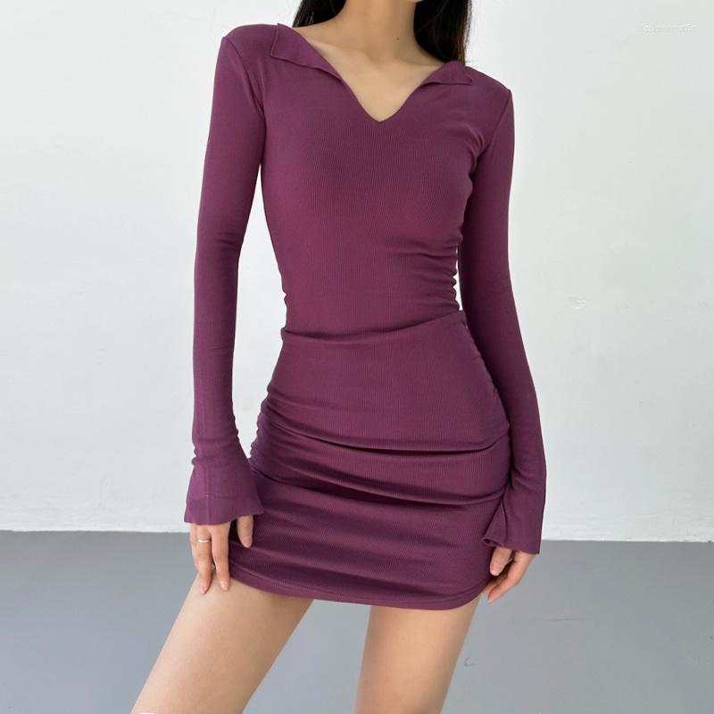 

Casual Dresses TVVOVVIN 2023 Spring Sexy Spicy Girls Tight Wrapped Hip Dress Women's Long Sleeve V-Neck Elastic Pleated Fashion OJ8J, Purple