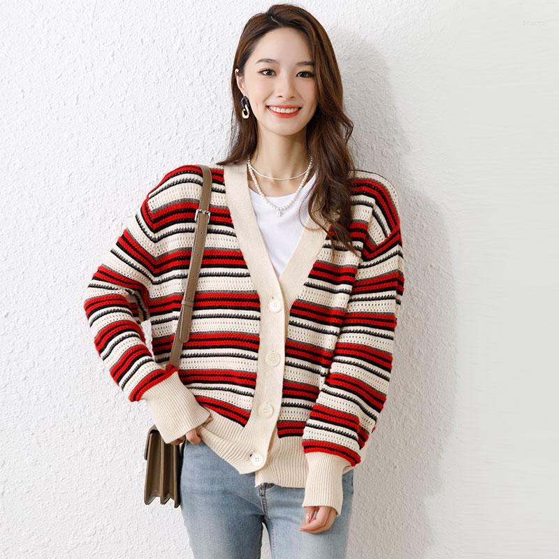 

Women's Knits Women Wool Cardigan Autumn Fashion Stripes Single Breasted Knitwear Long Sleeve Patchwork Colors Knit Coat Buttons Up, Multi