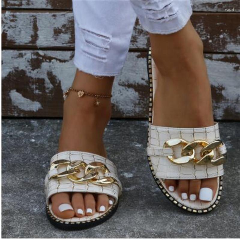 

Slippers 2023 Women's Summer Fashion Flat Sandals European Plus Size Metal Chain Beach Flip Flops 43