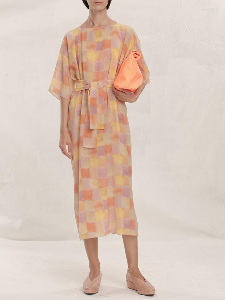 

Party Dresses Women' Watercolor Print Silk Dress 2023 Early Autumn Half Sleeve Lace-up Sashes Square Collar Female Midi Robe