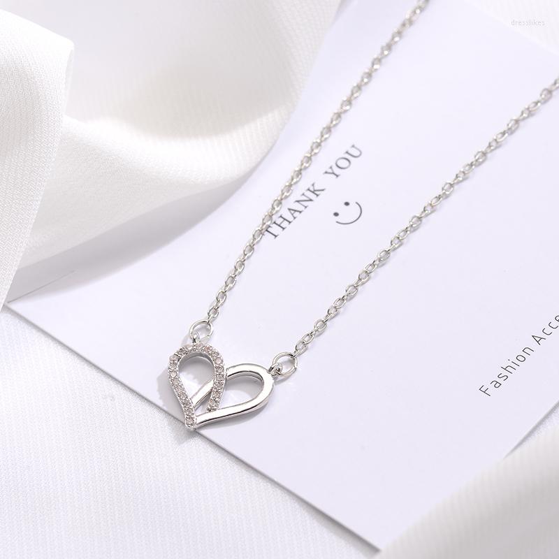 

Pendant Necklaces Simple Korean Silver Plated Hollow Cubic Zirconia Heart Short Clavicle For Girl Women Wedding Jewelry