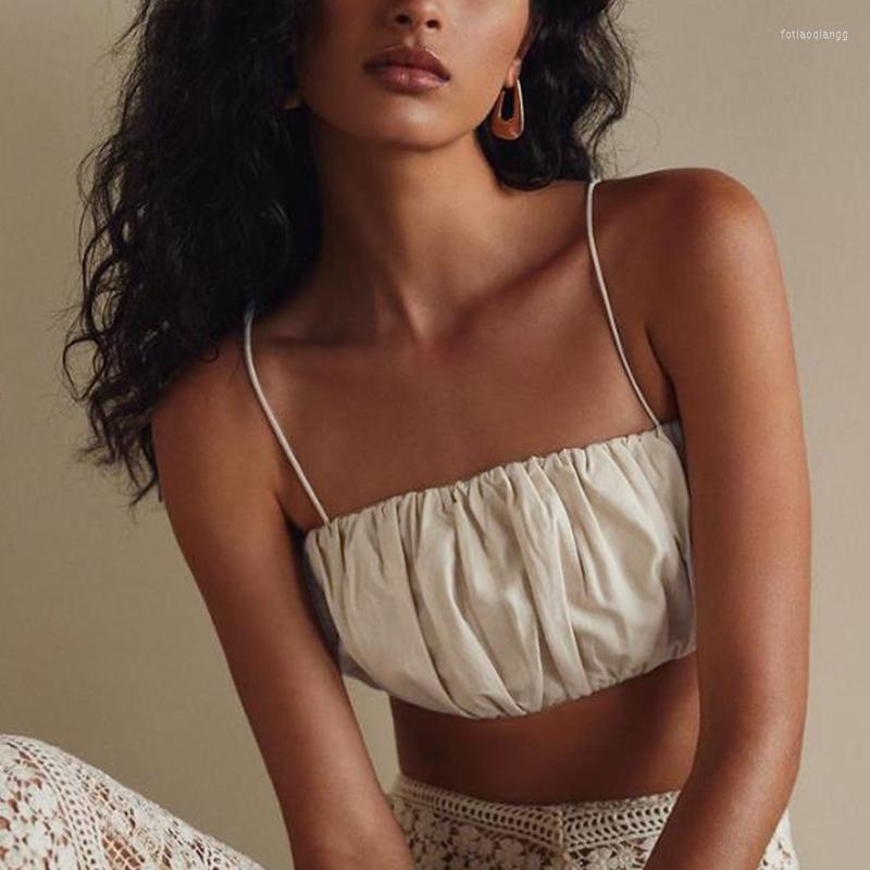 

Women' Tanks Chic Linen Top For Women 2023 Summer Sexy Ruched Sleeveless Basic Black White Crop Girls Camisole Vintatge Clothing