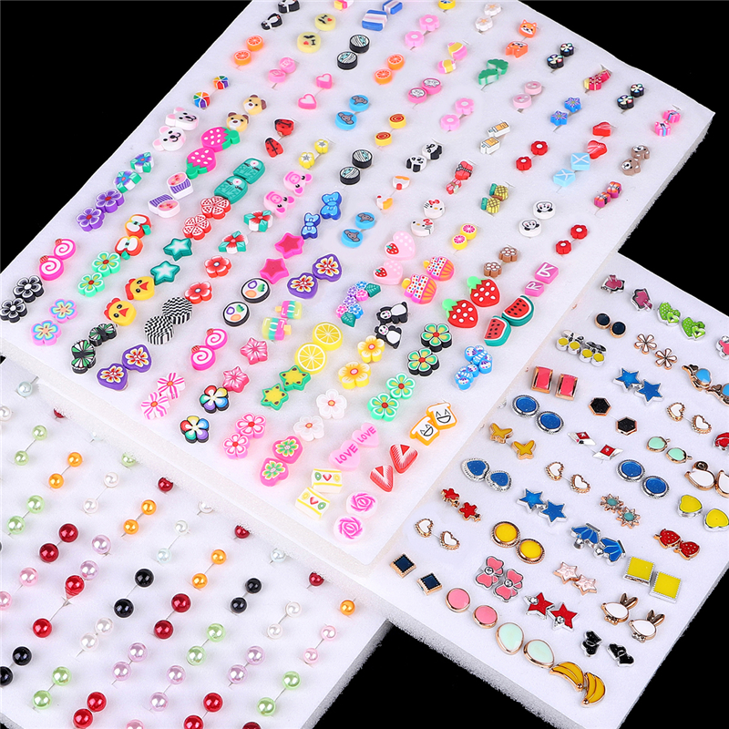 

100Pairs Acrylic Crystal Heart Star Moon Small Stud Earrings Set For Women Girl Animal Flower Plastic Earring 2021 Trend Jewelry