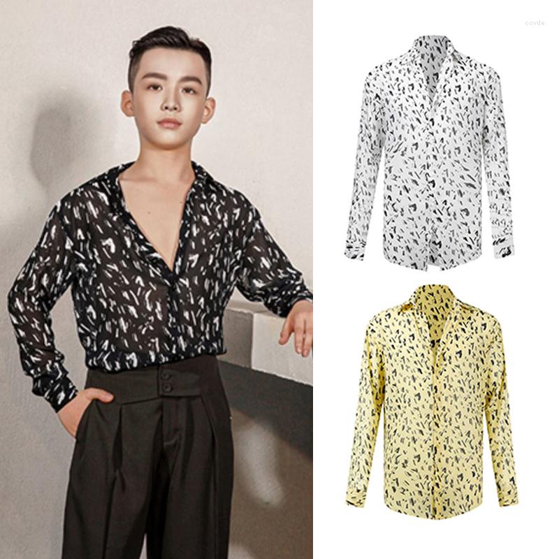 

Stage Wear 2023 Boys Latin Dance Shirts Chiffon Summer Clothes Male Practice Cha Samba Performance Leopard Tops DNV16166, Black
