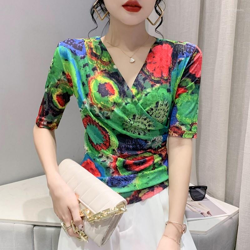 

Women's T Shirts #7551 Green Red Tie Dyed Printed Mesh Shirt Women V-neck Vintage Wrap T-shirt Female Tight Sexy Thin Half Sleeve