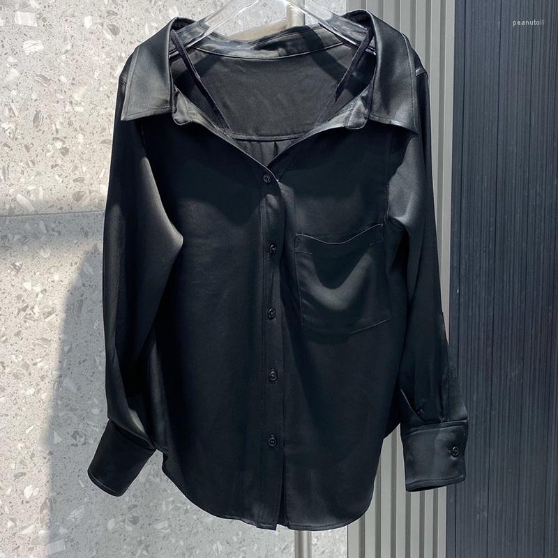 

Women' Blouses 2023 Women Long Sleeve Smooth Satin Shirt Runway Designer Lapel Single Breasted Casual Loose Blouse Vintage Black Fashion