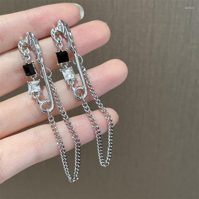 

Dangle Earrings Unique Design Metal Tassel Hanging Women's S925 Silver Needle Goth Rhinestone Chain Hoop Hip Hop Punk Jewelry
