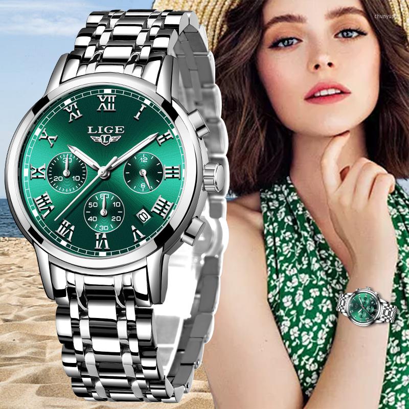 

Wristwatches 2023 LIGE Ladies Watches Top Fashion Stainless Steel Watch Women Chronograph Quartz Clock Waterproof Wristwatch, Leather silver white