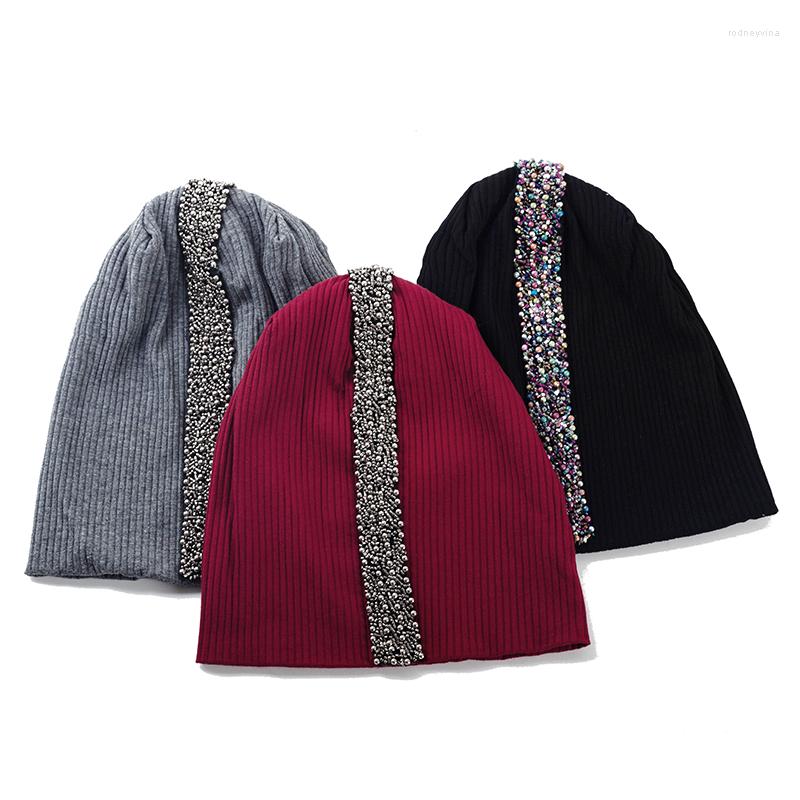 

Berets Geebro Women Ribbing Cotton Soft Solid Color Beanies Lady Elasticity Warmer Skullies Hats With Pearl Webbing Accessories Caps, Gun black black