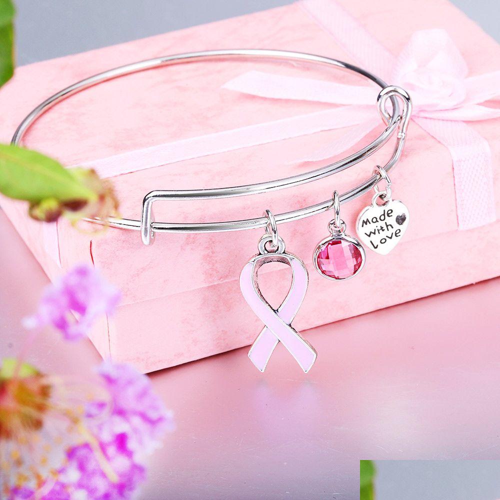 

Charm Bracelets Pink Ribbon Breast Cancer Designer Extendable Wire Cute Bracelet Bangle Gift For Women Nursing Survivor Jewelry Drop Dhi9K
