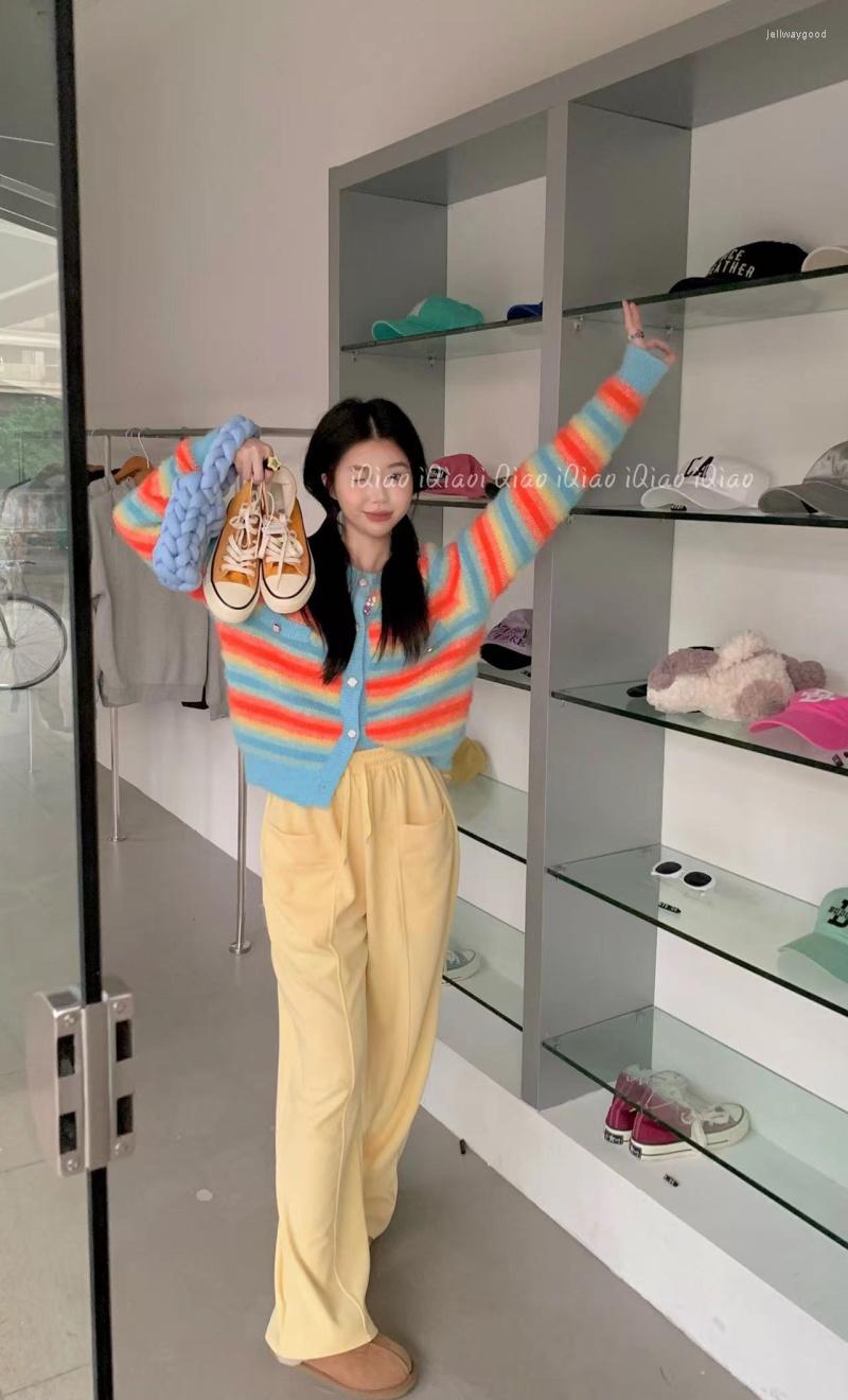

Women's Knits 2023 Autumn Fashion Rainbow Striped Sweaters Mohair Knitted Cardigans Sweet Lovely Jackets Long Sleeve O-neck Short Tops