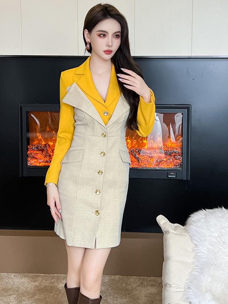 

Casual Dresses High Quality Spring Autumn Women Evening Dress Chic Plaid Blazer Professional Formal V-Neck Slim Midi Party Mujer Vestidos, Yellow