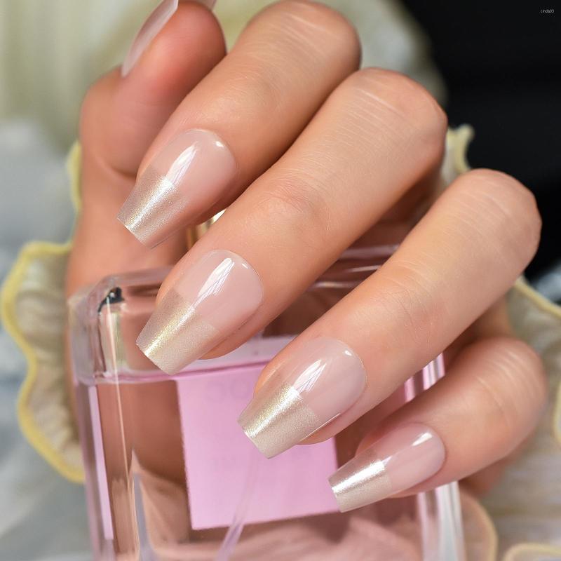 

False Nails Medium Coffin Shades Gold Powder French Tips Press On Pink Gradient Fake Ballerina For Dating 24Pcs, L5522