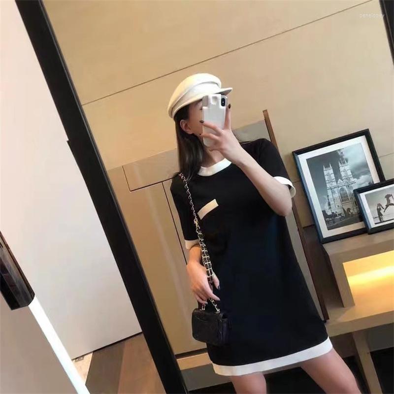 

Casual Dresses Korean Fashion Knitted Summer Dress Women O-Neck Short Sleeve Contrast Color Mini Women's Clothing Streetwear, Black