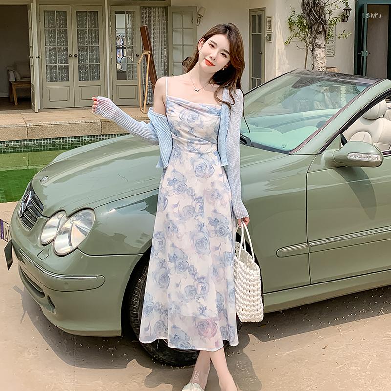 

Casual Dresses Korean Chic And Elegant Floral Printed Sling Midi For Women Y2K Backless Sexy Slim Elastic Waist Aline Dress, Short dress