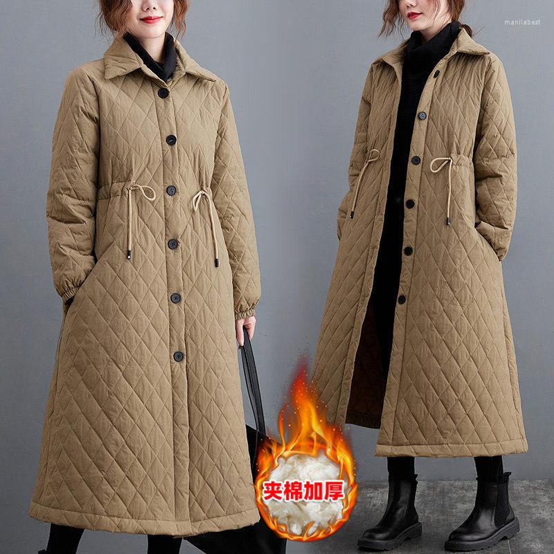 

Women's Trench Coats 2023 Winter Plus Size Women's Quilted Cotton Jacket Long Coat Solid Color Wild Retro Single Breasted Padded Casual, Black