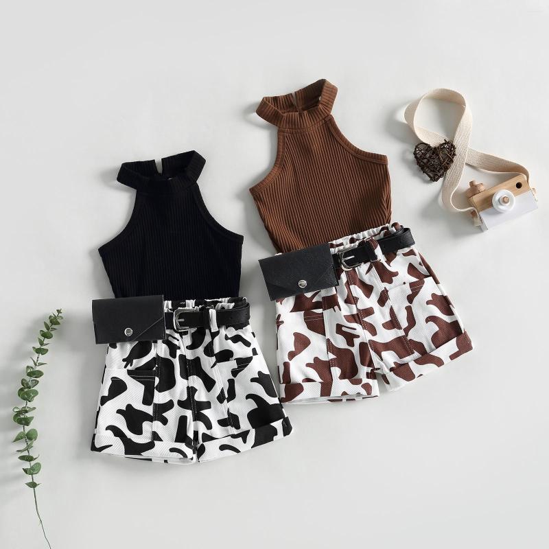 

Clothing Sets Pudcoco Toddler Kids Baby Girls Summer Outfit Solid Color Sleeveless Ribbed Vest Cow Print Shorts With Waist Bag 1-6T, Black