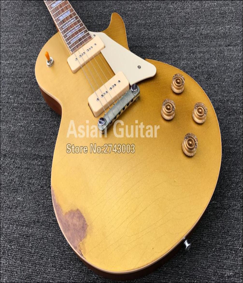 

Custom Shop Heavy Relic Gold Top Goldtop Electric Guitar One Piece Mahogany Body Neck P90 Pickups Wrap Around Tailpiece Grov2320103