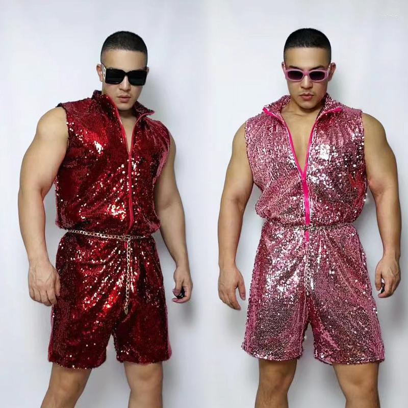 

Stage Wear 2 Colors Sequins Jumpsuit Adult Male Nightclub Gogo Dancer Outfit Muscle Man Hip Hop Dance Clothes Sleeveless Bodysuit VDB5518, Only jumpsuit