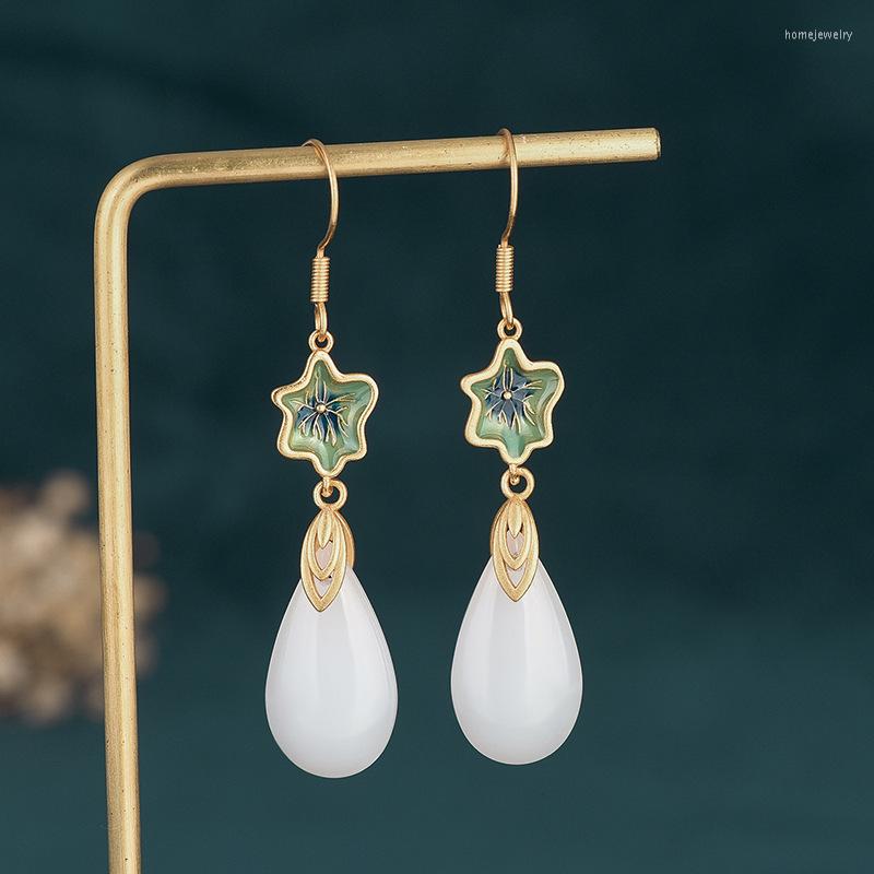 

Dangle Earrings Exquisite Women Ear Jewelry White Water Drop Natural Jade Pendant Copper Gold Plated Flower For Gifts