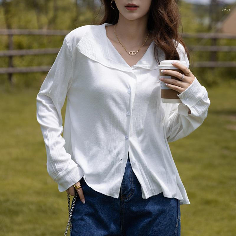 

Women' Blouses Korean Shirring White Shirt Female Fashion Minimalist Style Comfortable Loose Pleated Long Sleeve Cotton Cardigan Top