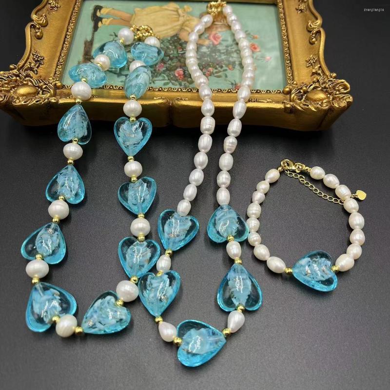 

Chains Glass Heart-Shaped Freshwater Pearl Set Jewelry Necklace Bracelet