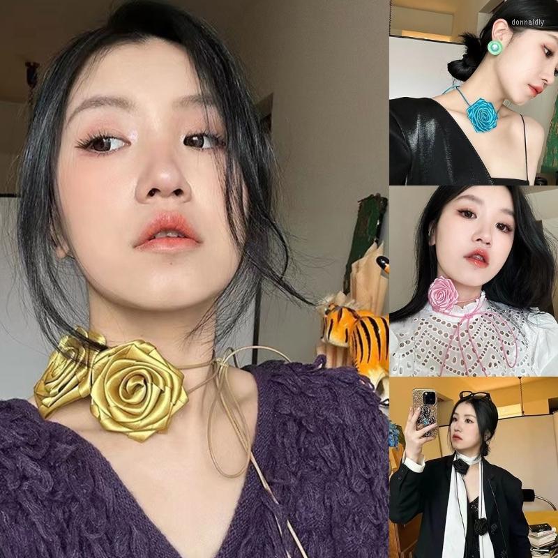 

Belts Satin Rose Choker Flower Necklace Lace Up Ribbon Hat Band, Blue