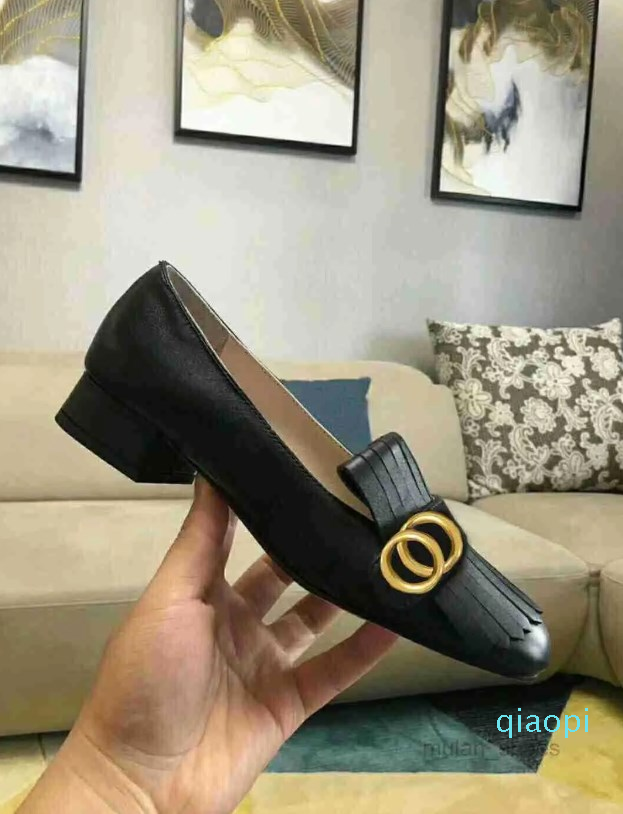 

Fashion Boat Shoe Designer Dress Shoes High Heels Women Party Shoe Mid Heeled Womens Leather Thick Heel Round Head Metal Button Tassels Large Size, 2[5cm]