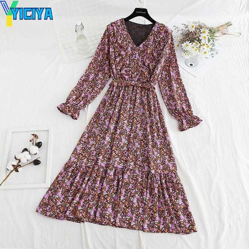 

YICIYA Casual Dresses Women Chiffon Long Dress Floral Print Lotus Sleeve A-line Vestidos Spring Autumn Elegant Vintage V Neck Elastic Waist, Black