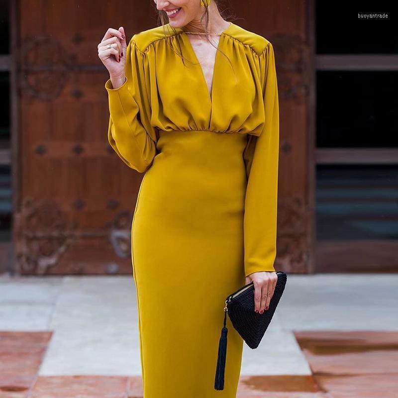 

Casual Dresses Urban Style 2023 Autumn And Winter Burst Solid Color Elegant Women's Dress Temperament Long Sleeve, Yellow