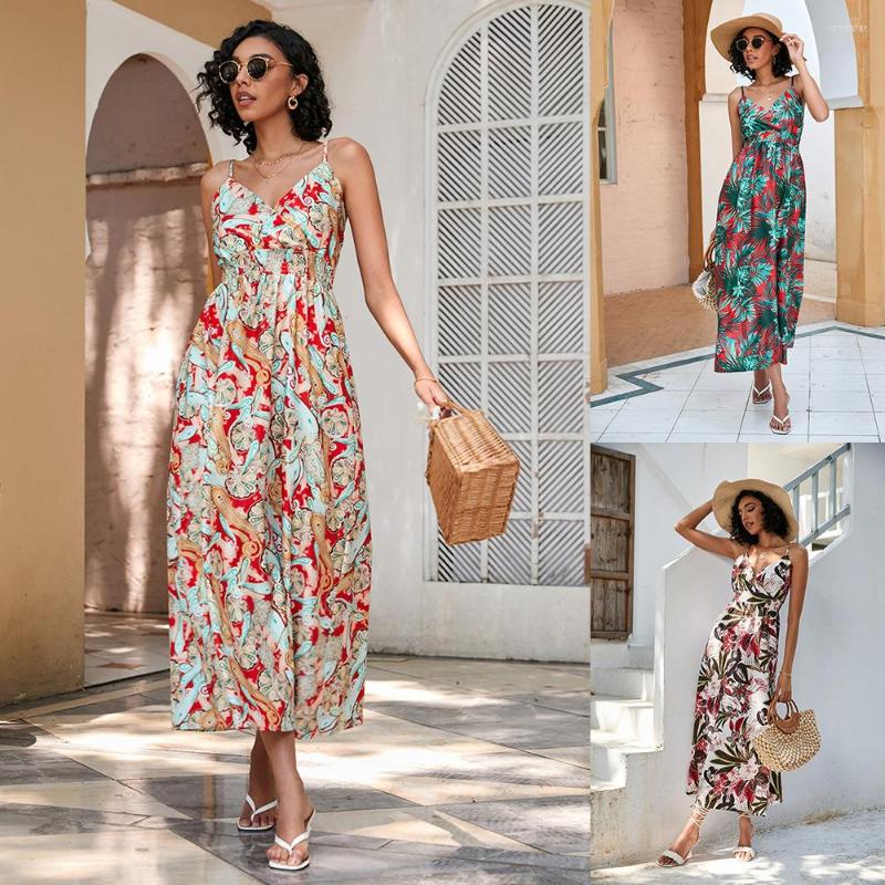 

Casual Dresses Women's Summer Printed Waist Length Suspender Dress Ladies Sexy Sleeveless V-Neck High Party