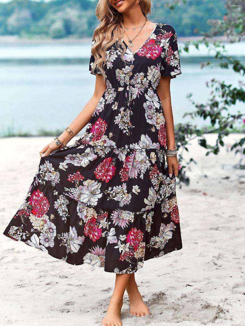 

Casual Dresses Women Dress 2023 Summer Fashion V-neck Printing Flower Robe Waist Retraction, Black
