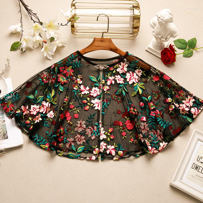 

Scarves Women's Spring Summer Flower Embroidery Vintage Mesh Black Lace Pashmina Female Sunscreen Shawl Cloak R961