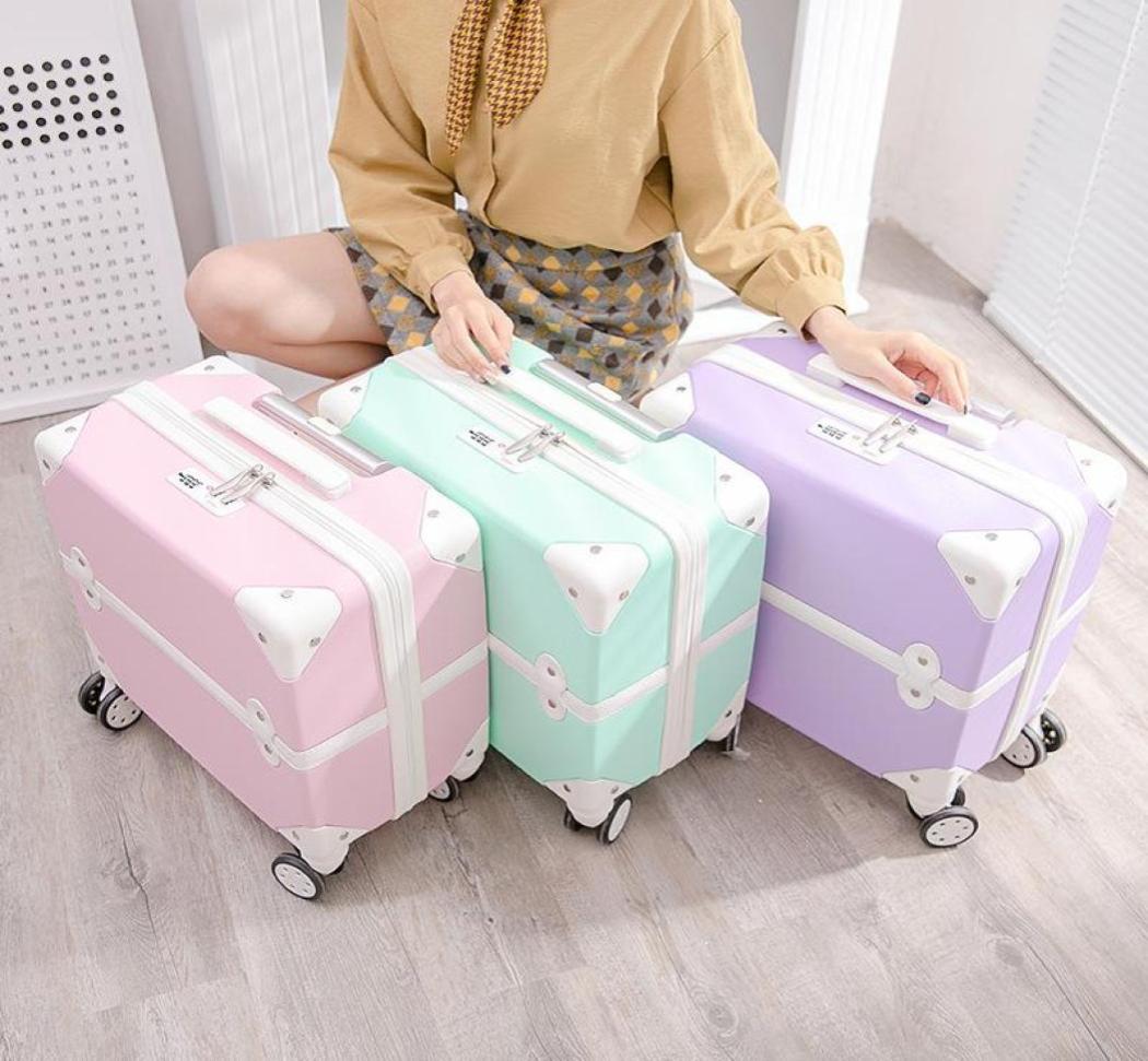 

Suitcases Fashion Retro Trolley Suitcase On Wheels Girls Universal Wheel Rolling Luggage Women 18 Inch Boarding Cute Travel Bag4548449
