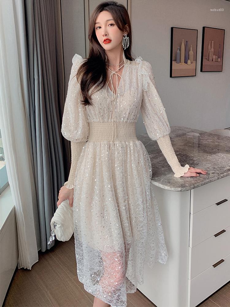 

Casual Dresses 2023 Elegant Retro Vintage Midi Dress Woman V-neck Long Sleeve Bandage Sheer Mesh Sequins Bright Glitter Robe Lady Party, Apricot