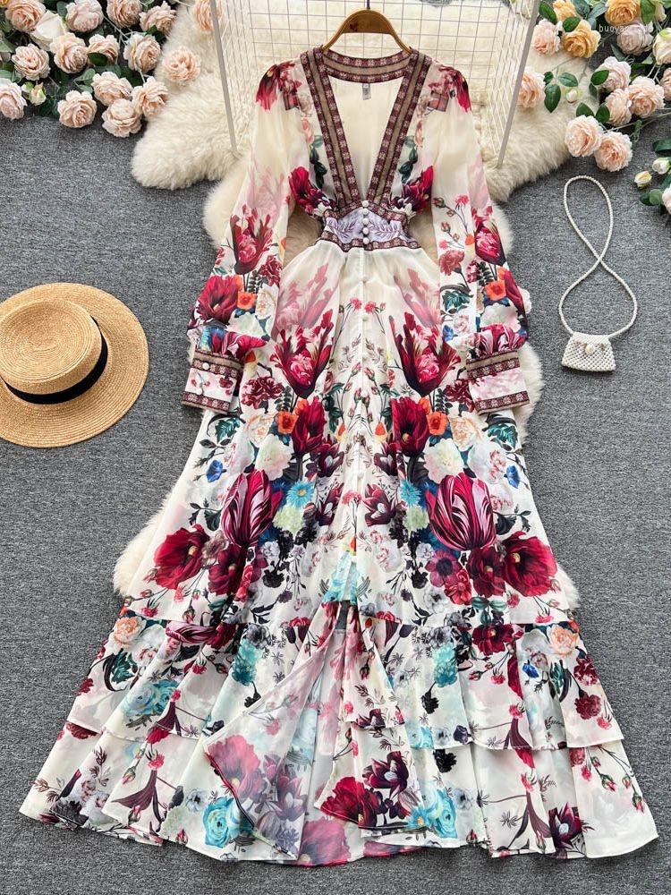 

Casual Dresses 2023 Fashion Runway Gorgeous Flower Chiffon Cascading Ruffles Dress Women Deep V Neck Long Sleeve Floral Print Boho Robe, Beige