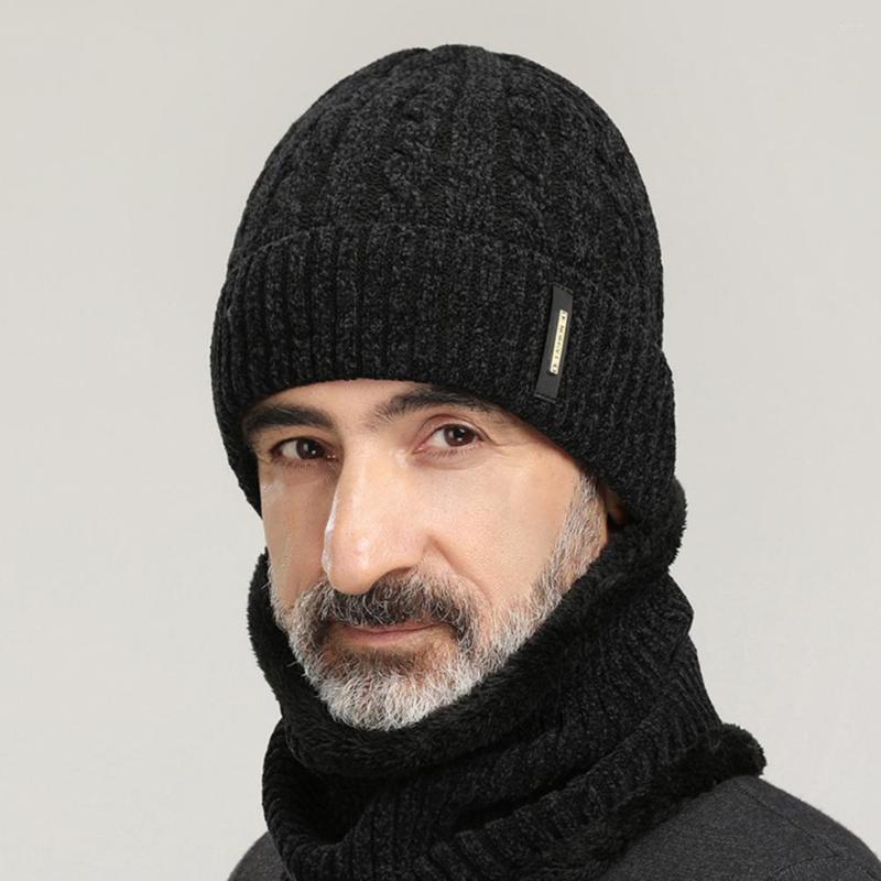 

Berets Autumn Men Hat Plush Lining Knitted Fall Winter Knit Beanie Cap For Camping, Black