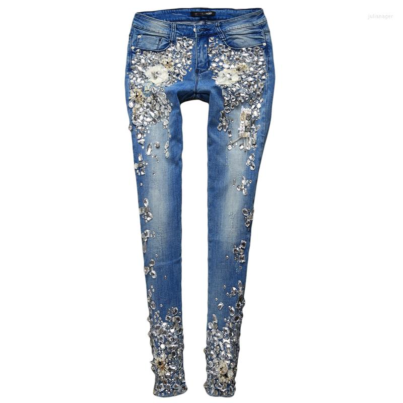 

Women's Jeans Luxury Diamond Pocket Flowers Pants Female 3D Stretch Pencil Denim Women, 199
