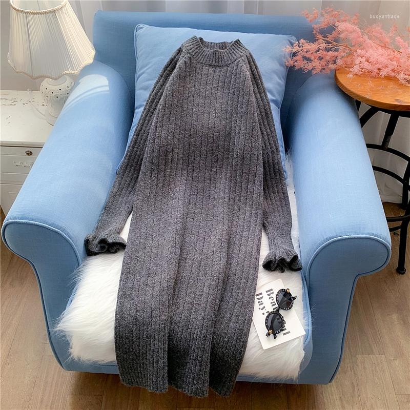

Casual Dresses Long Knitted Women Sweater Dress Winter Design 2023 O-Neck Flare Sleeved Straight Knee-Length Female Clothing Top Quality, Black