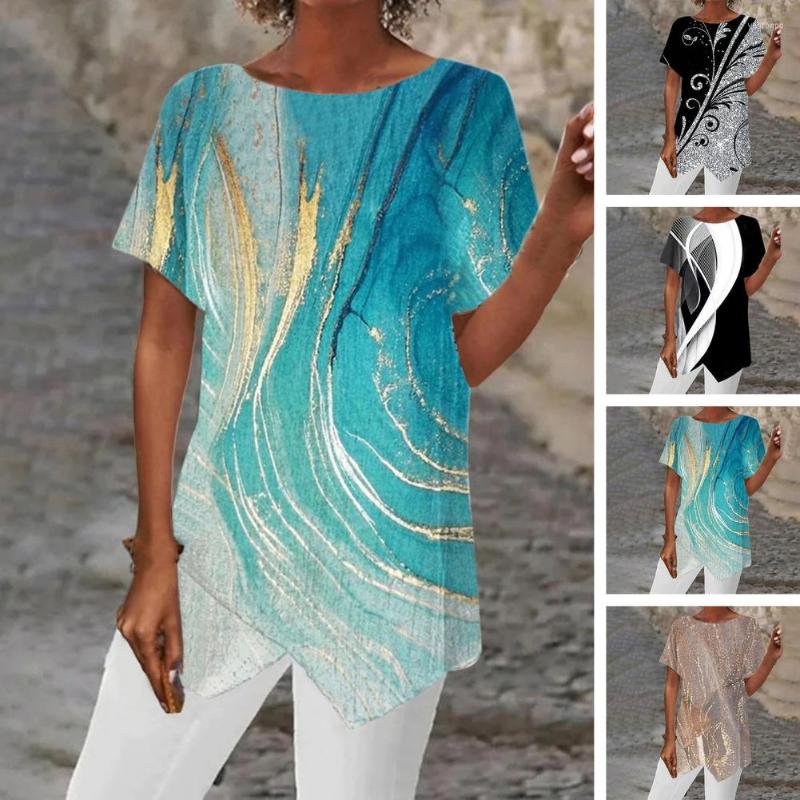 

Women's Blouses 2023 Women Summer Top Printing Short Sleeve Contrast Colors Irregular Hem Casual Comfortable Lady T-shirt, Blue
