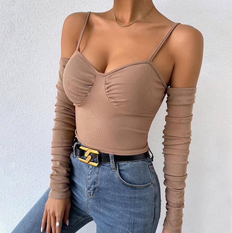 

Women's Tanks Sexy V Neck Wrap Chest Rib Knitted Tank Top With Long Sleeves Halter Crop Tops Women Camisole Female Sleeveless Cropped Vest, Light brown
