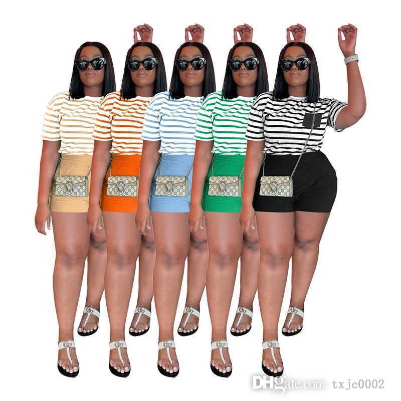 

Designer Summer Women Tracksuits Two Pieces Outfits Fashion Striped Short Sleeve T-shirt And Shorts Matching Set Sportwear, Sky blue